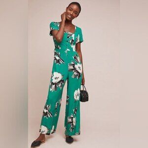 Anthropologie Maeve Green Sienna Jumpsuit Floral Lace Up Sides Wide Leg Size 16